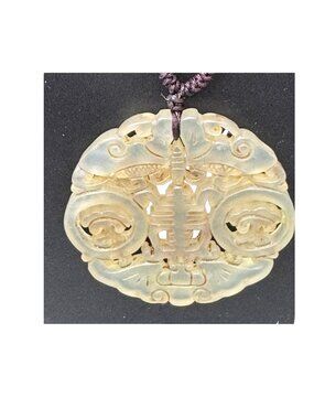 Vintage Duet Double Butterfly Carved Jade Pendant Necklace Circular 2" Growth